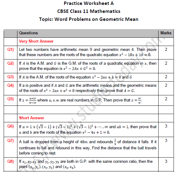 Worksheets 8.1 Geometric Mean